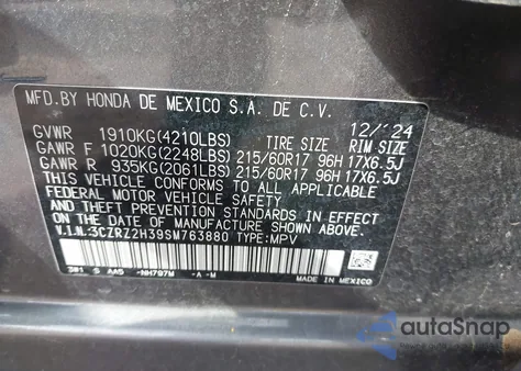 2025 Honda Hr-V Awd Lx z USA, uszkodzony, nr VIN 3CZRZ2H39SM763880